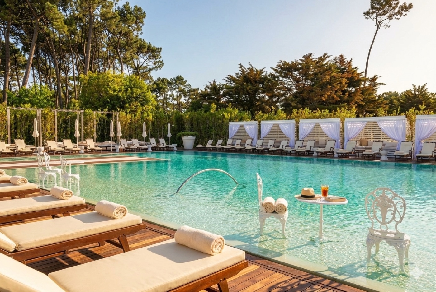 Piscina exterior con camastros